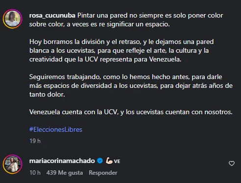 Capture sobre el comentario de apoyo de María Corina Machado a Rosa Cucunuba en Instagram.