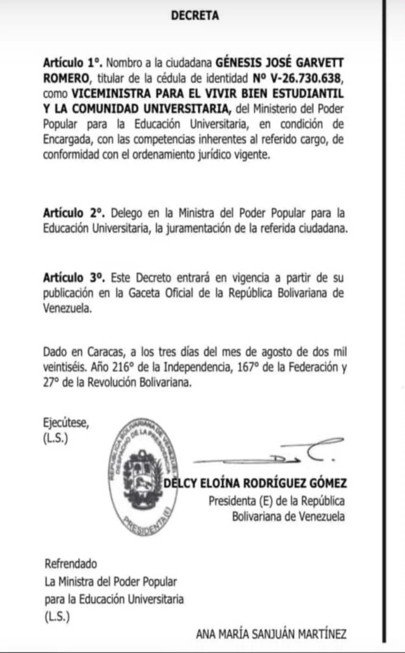 Génesis Garvette es nombresa viceministra de Bienestar Estudiantil